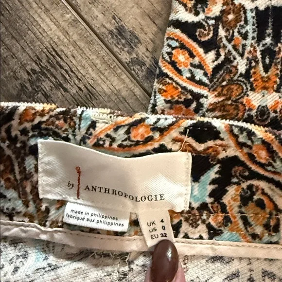 Anthropologie Boho Chic Corduroy Barrel Pants Blue Motif, Size 0 - Picture 8 of 10